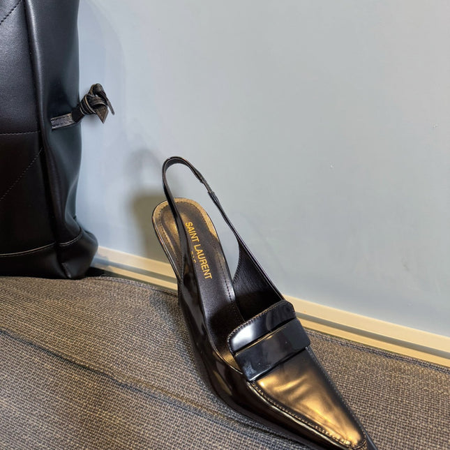 POINTED-TOE SLINGBACK PUMPS IN BLACK SHINY CALFSKIN