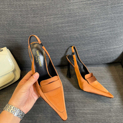 POINTED-TOE SLINGBACK PUMPS IN TANGELO ORANGE SILK