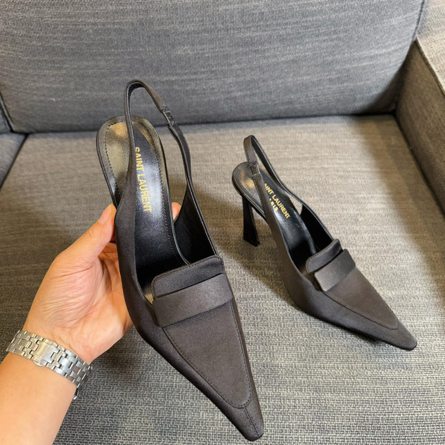 POINTED-TOE SLINGBACK PUMPS IN BLACK SILK