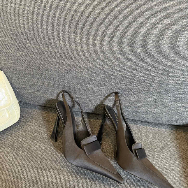 POINTED-TOE SLINGBACK PUMPS IN BLACK SILK