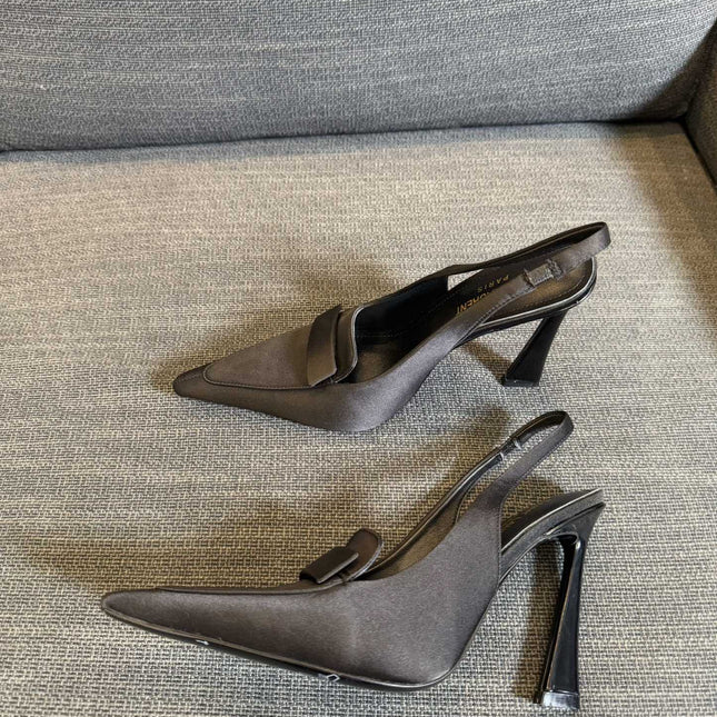 POINTED-TOE SLINGBACK PUMPS IN BLACK SILK