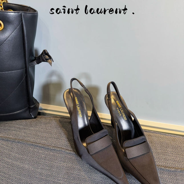 POINTED-TOE SLINGBACK PUMPS IN BLACK SILK