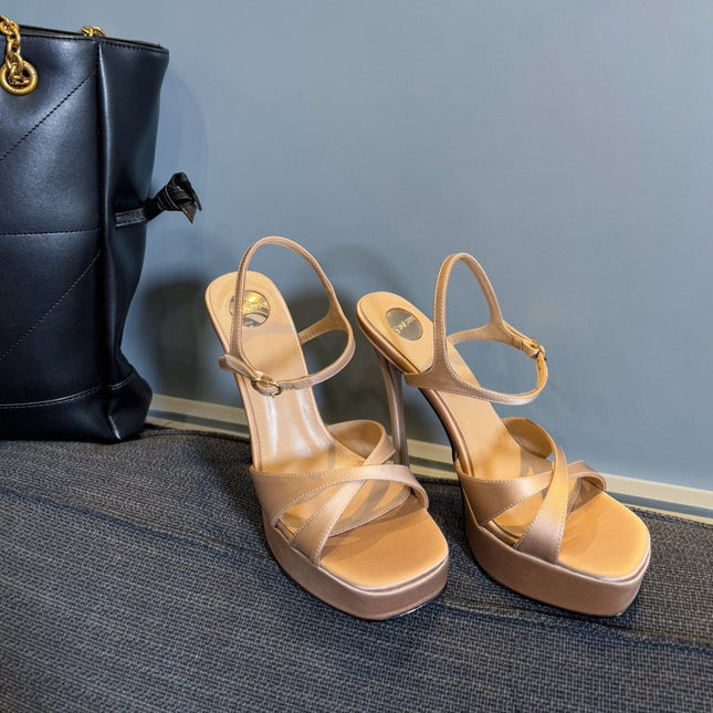 DEBBIE PLATFORM SANDALS IN BEIGE SATIN