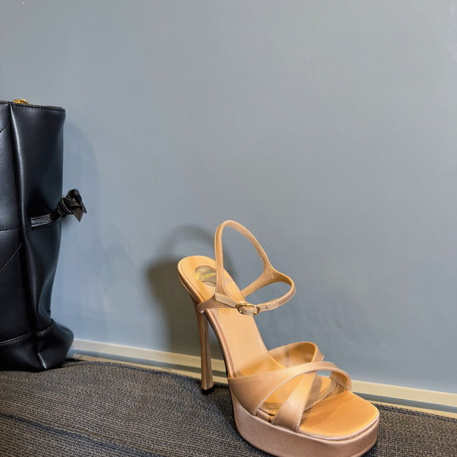 DEBBIE PLATFORM SANDALS IN BEIGE SATIN