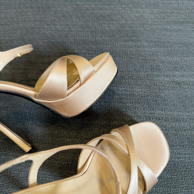 DEBBIE PLATFORM SANDALS IN BEIGE SATIN