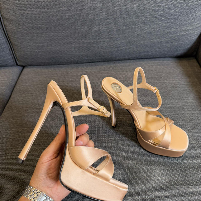 DEBBIE PLATFORM SANDALS IN BEIGE SATIN
