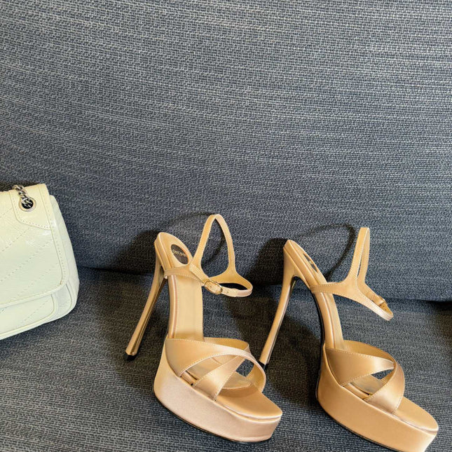 DEBBIE PLATFORM SANDALS IN BEIGE SATIN