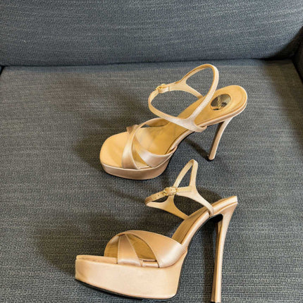 DEBBIE PLATFORM SANDALS IN BEIGE SATIN