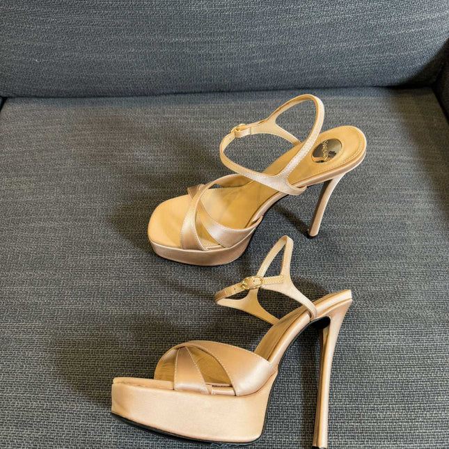 DEBBIE PLATFORM SANDALS IN BEIGE SATIN