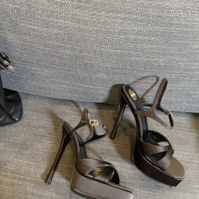 DEBBIE PLATFORM SANDALS IN BLACK SATIN