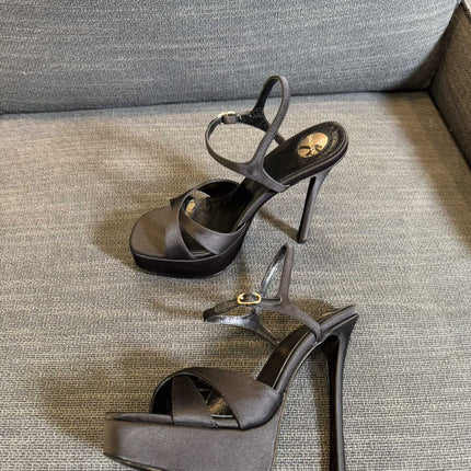 DEBBIE PLATFORM SANDALS IN BLACK SATIN