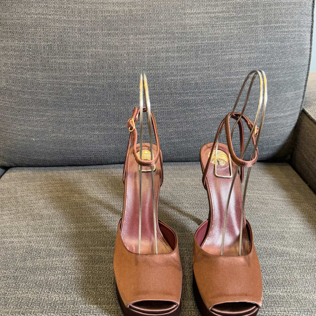 LA SCANDALE PLATFORM SANDALS IN DARK CAPPUCCINO SATIN