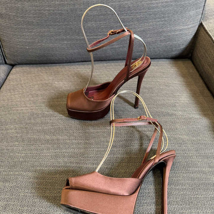 LA SCANDALE PLATFORM SANDALS IN DARK CAPPUCCINO SATIN