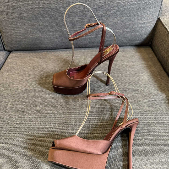 LA SCANDALE PLATFORM SANDALS IN DARK CAPPUCCINO SATIN
