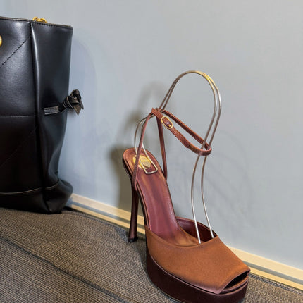 LA SCANDALE PLATFORM SANDALS IN DARK CAPPUCCINO SATIN