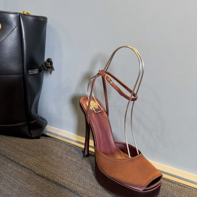 LA SCANDALE PLATFORM SANDALS IN DARK CAPPUCCINO SATIN