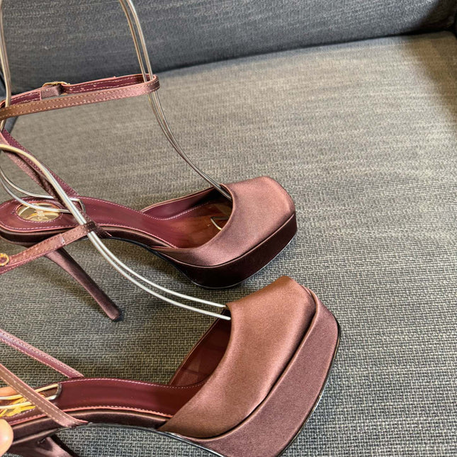 LA SCANDALE PLATFORM SANDALS IN DARK CAPPUCCINO SATIN