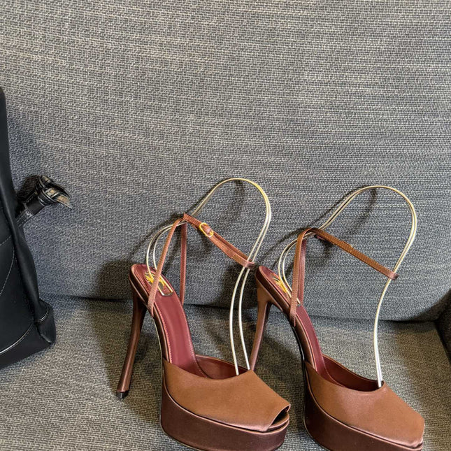 LA SCANDALE PLATFORM SANDALS IN DARK CAPPUCCINO SATIN