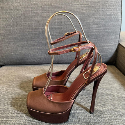 LA SCANDALE PLATFORM SANDALS IN DARK CAPPUCCINO SATIN