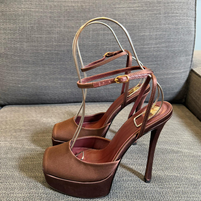 LA SCANDALE PLATFORM SANDALS IN DARK CAPPUCCINO SATIN