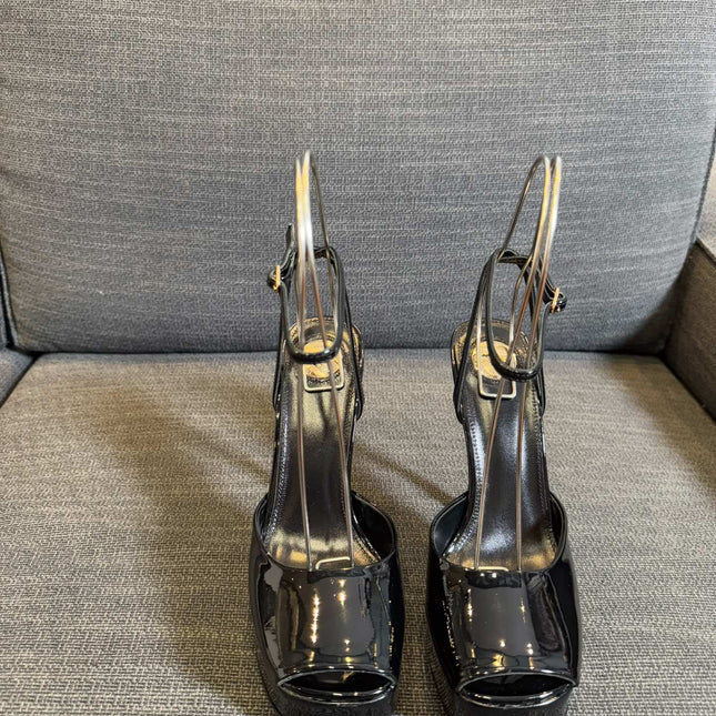 LA SCANDALE PLATFORM SANDALS IN BLACK GLOSSY CALFSKIN