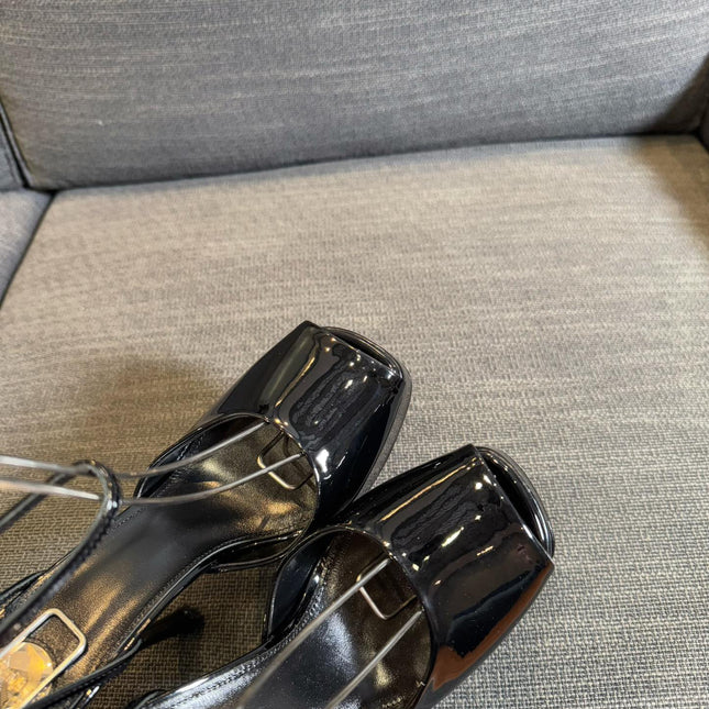 LA SCANDALE PLATFORM SANDALS IN BLACK GLOSSY CALFSKIN