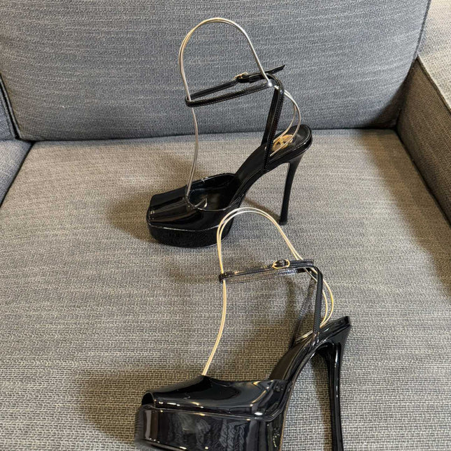 LA SCANDALE PLATFORM SANDALS IN BLACK GLOSSY CALFSKIN