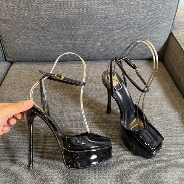 LA SCANDALE PLATFORM SANDALS IN BLACK GLOSSY CALFSKIN