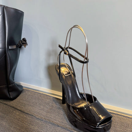 LA SCANDALE PLATFORM SANDALS IN BLACK GLOSSY CALFSKIN