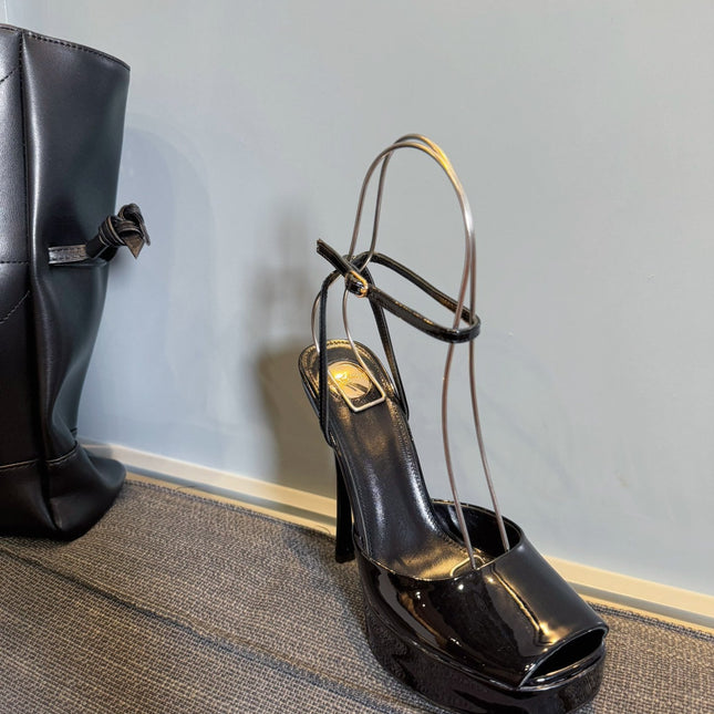 LA SCANDALE PLATFORM SANDALS IN BLACK GLOSSY CALFSKIN