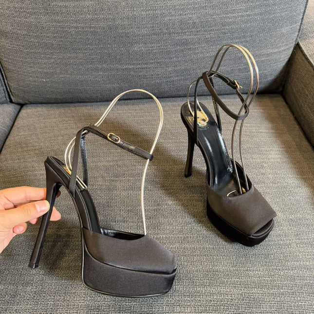 LA SCANDALE PLATFORM SANDALS IN TAUPE BROWN SATIN
