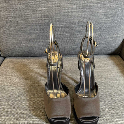 LA SCANDALE PLATFORM SANDALS IN TAUPE BROWN SATIN