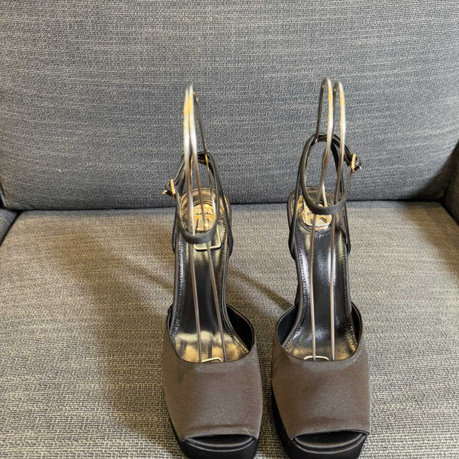 LA SCANDALE PLATFORM SANDALS IN TAUPE BROWN SATIN