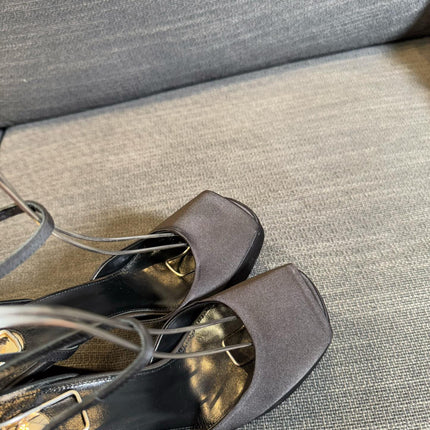 LA SCANDALE PLATFORM SANDALS IN TAUPE BROWN SATIN