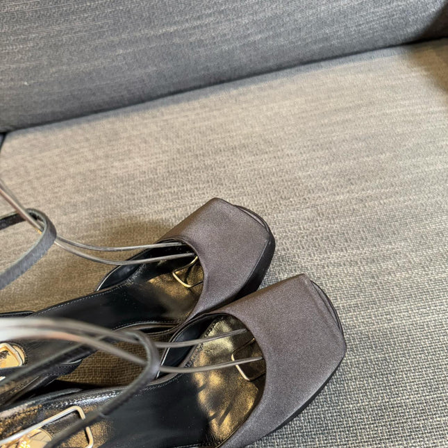 LA SCANDALE PLATFORM SANDALS IN TAUPE BROWN SATIN