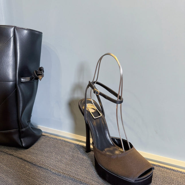 LA SCANDALE PLATFORM SANDALS IN TAUPE BROWN SATIN