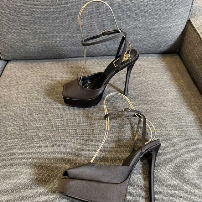 LA SCANDALE PLATFORM SANDALS IN TAUPE BROWN SATIN