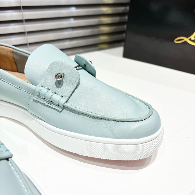 CHAMBELIBOAT REVERSED NUBUCK BOAT SHOES IN LIGHT BLUE SHINY CALFSKIN