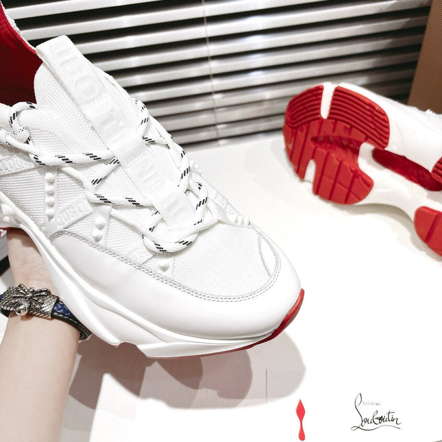 LOUBI CHUNKY SNEAKERS IN WHITE AND RED MESH AND CALFSKIN