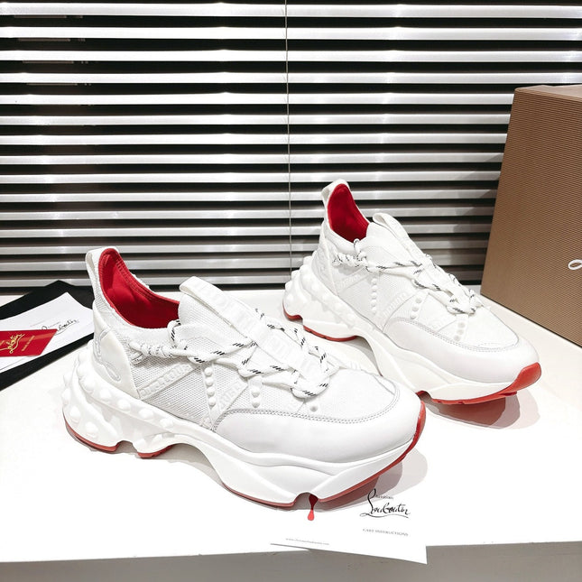 LOUBI CHUNKY SNEAKERS IN WHITE AND RED MESH AND CALFSKIN