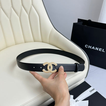 CC BELT 30MM IN BLACK SMOOTH CALFSKIN GOLD HARDWARE ATTACH PEARLS