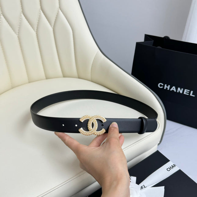 CC BELT 30MM IN BLACK SMOOTH CALFSKIN GOLD HARDWARE ATTACH PEARLS
