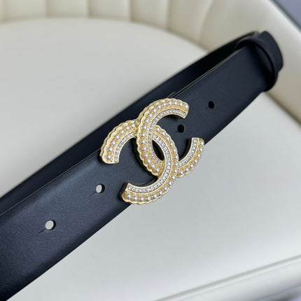 CC BELT 30MM IN BLACK SMOOTH CALFSKIN GOLD HARDWARE ATTACH PEARLS