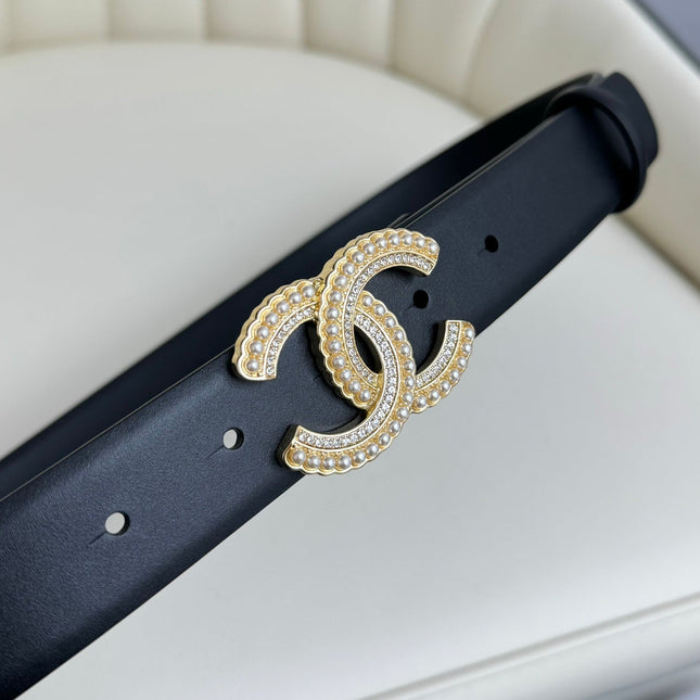 CC BELT 30MM IN BLACK SMOOTH CALFSKIN GOLD HARDWARE ATTACH PEARLS