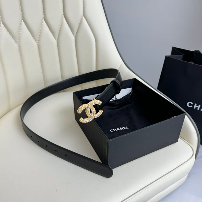 CC BELT 30MM IN BLACK SMOOTH CALFSKIN GOLD HARDWARE ATTACH PEARLS