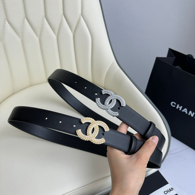 CC BELT 30MM IN BLACK SMOOTH CALFSKIN GOLD HARDWARE ATTACH PEARLS