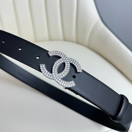 CC BELT 30MM IN BLACK SMOOTH CALFSKIN SILVER HARDWARE ATTACH RHINSTONES