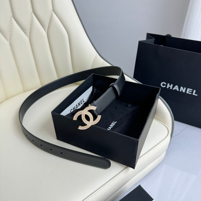 CC BELT 30MM IN BLACK SMOOTH CALFSKIN GOLD HARDWARE ATTACH RHINSTONES