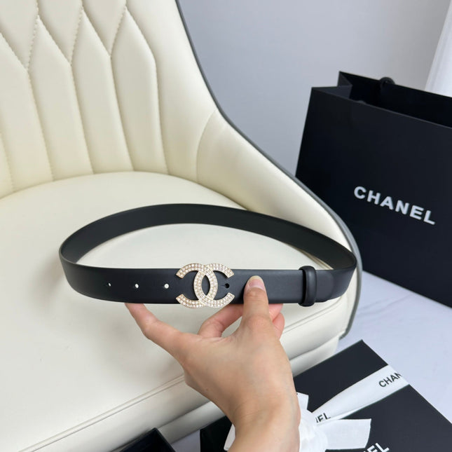 CC BELT 30MM IN BLACK SMOOTH CALFSKIN GOLD HARDWARE ATTACH RHINSTONES