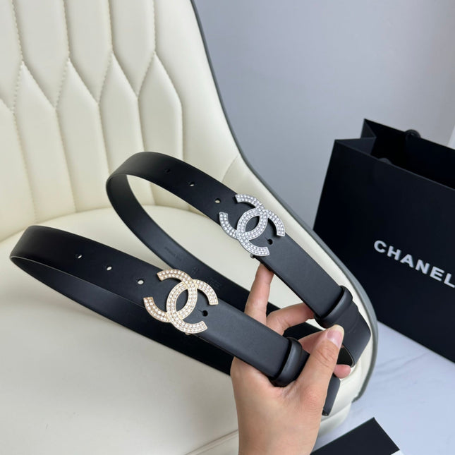 CC BELT 30MM IN BLACK SMOOTH CALFSKIN GOLD HARDWARE ATTACH RHINSTONES